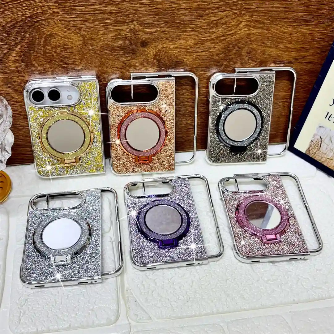 Six Mirror Halo Duo cases displayed in gold, orange, black, silver, purple and pink