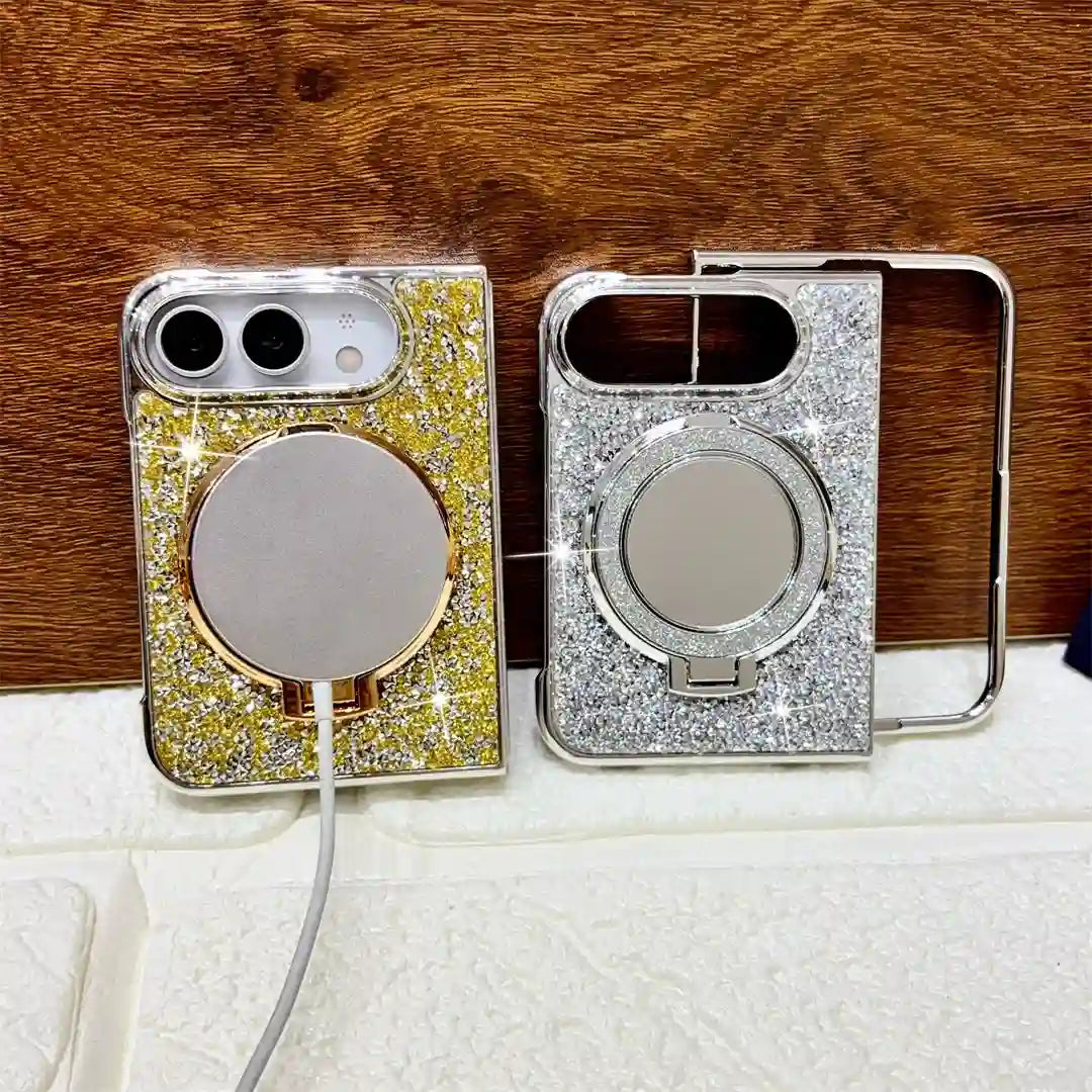 Gold Mirror Halo Duo case attached to a magnetic charging puck beside the silver case