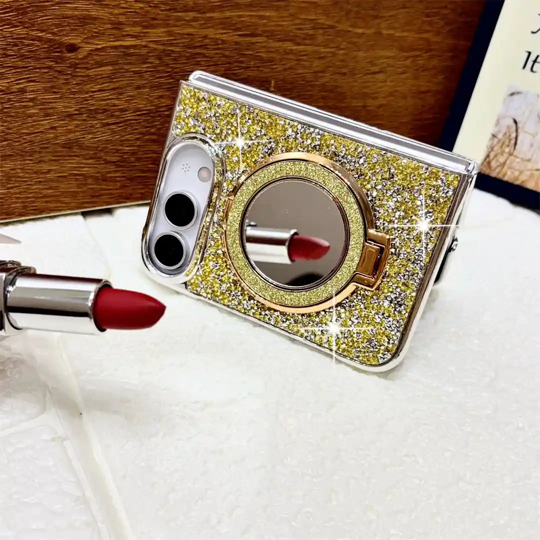 Gold Mirror Halo Duo case propped horizontally with its circular mirror reflecting a lipstick