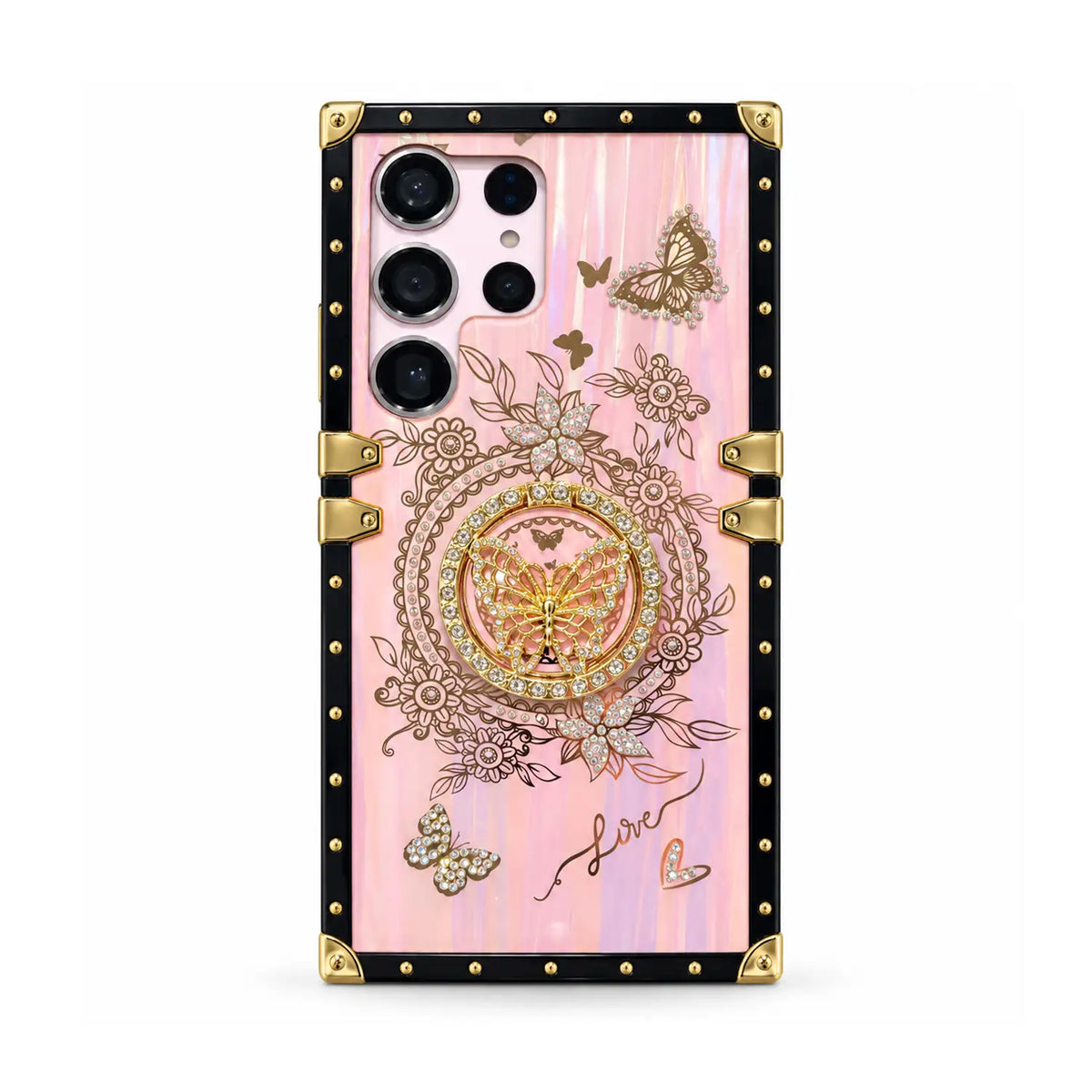 Pink Aurora Galaxy Trunk Samsung case with butterfly ring stand, black frame and gold-tone corners