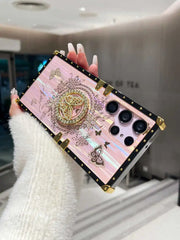 Pink Aurora Galaxy Trunk Samsung case held horizontally, showing its iridescent back and butterfly decoration