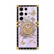 Purple Aurora Galaxy Trunk Samsung case with butterfly ring stand, black frame and gold-tone corners