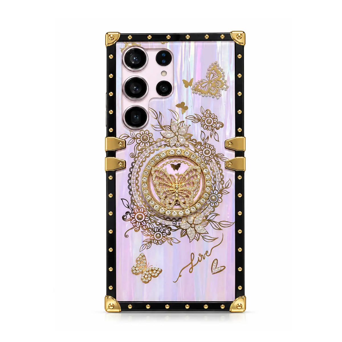 Purple Aurora Galaxy Trunk Samsung case with butterfly ring stand, black frame and gold-tone corners