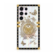 White Aurora Galaxy Trunk Samsung case with butterfly ring stand, black frame and gold-tone corners