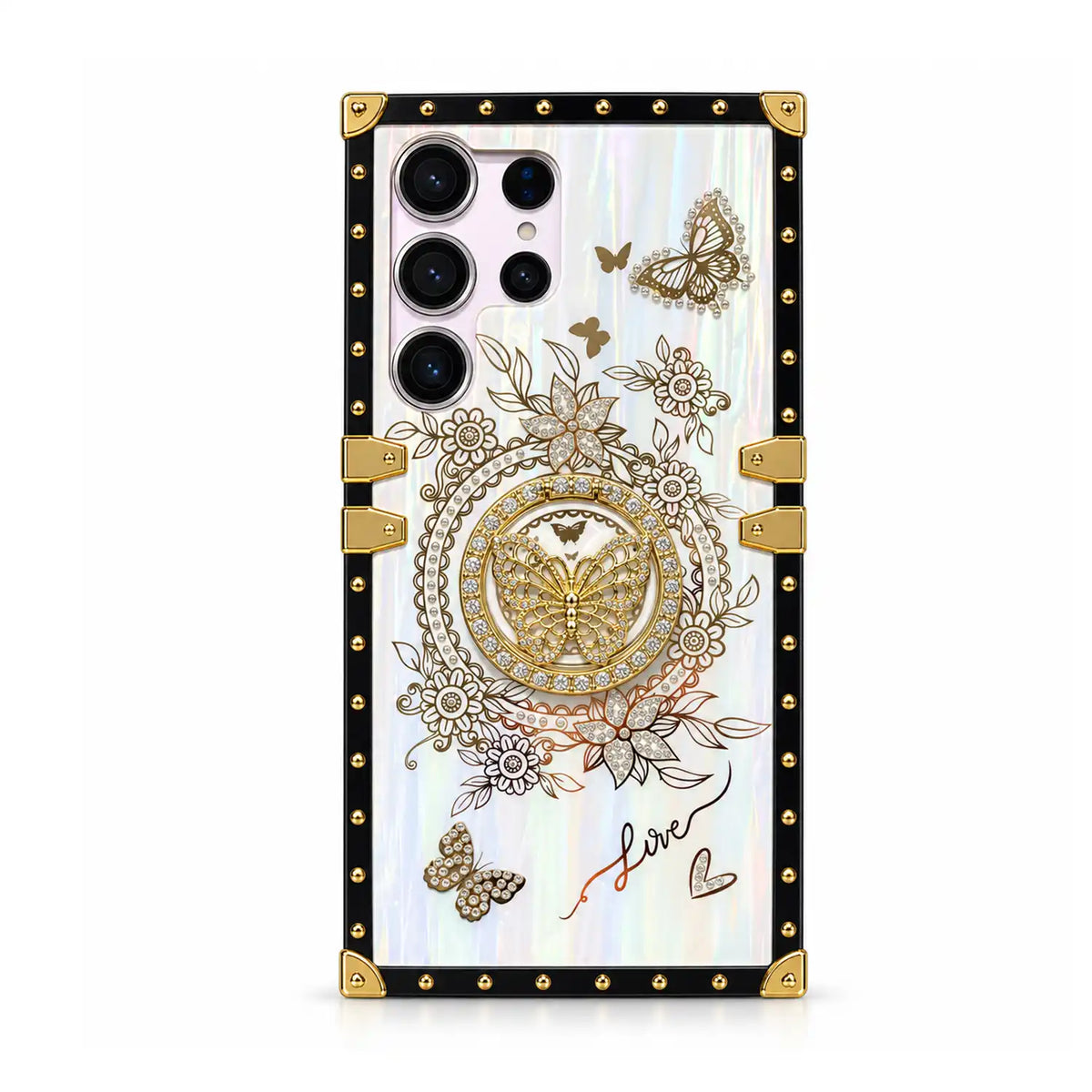 White Aurora Galaxy Trunk Samsung case with butterfly ring stand, black frame and gold-tone corners
