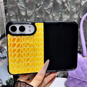 Open iPhone Duo in the yellow Prism Scale Duo case with iridescent scale texture