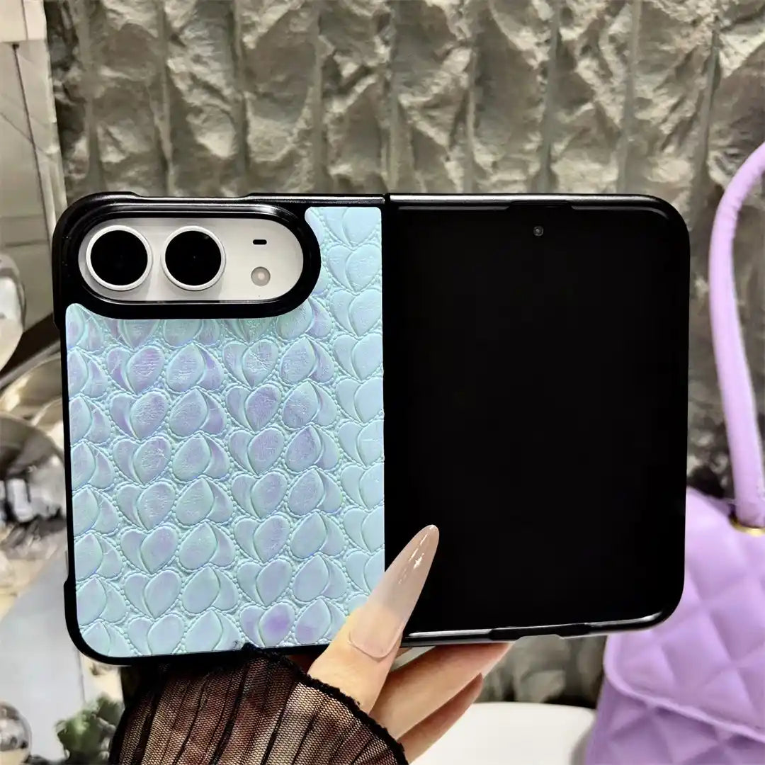 Open iPhone Duo in the mint blue Prism Scale Duo case with iridescent scale texture
