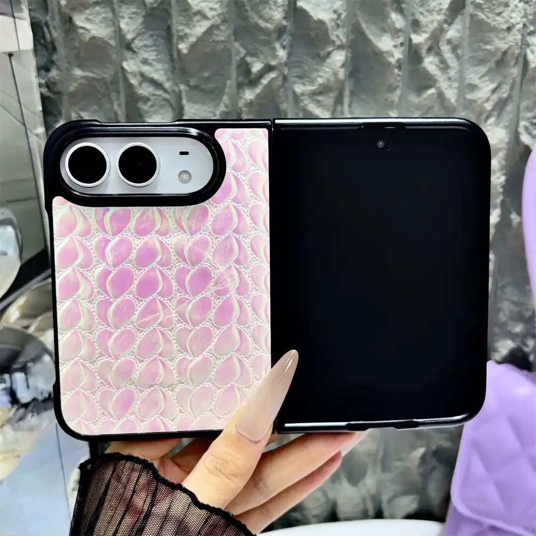 Open iPhone Duo in the lilac Prism Scale Duo case with iridescent scale texture