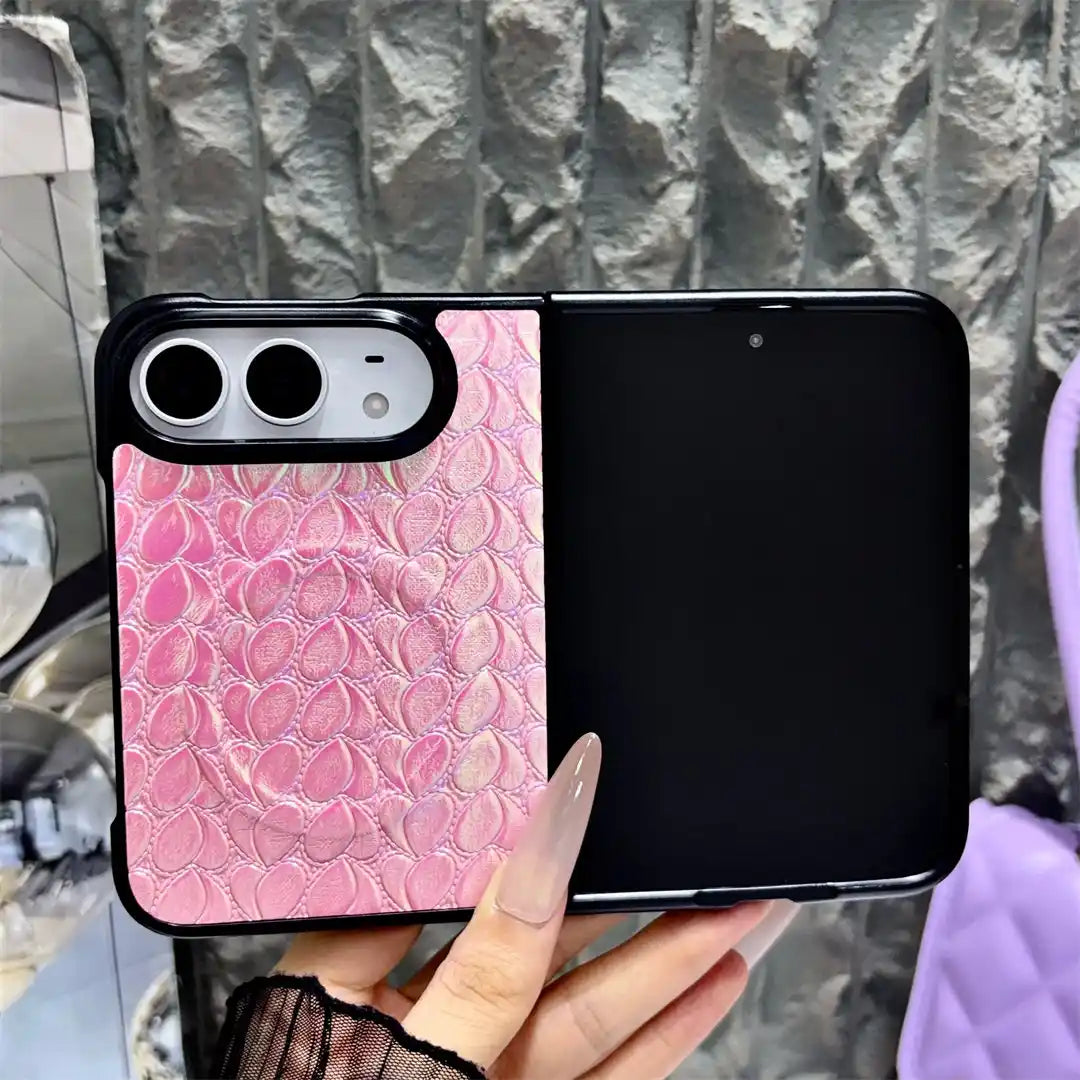 Open iPhone Duo in the pink Prism Scale Duo case with iridescent scale texture