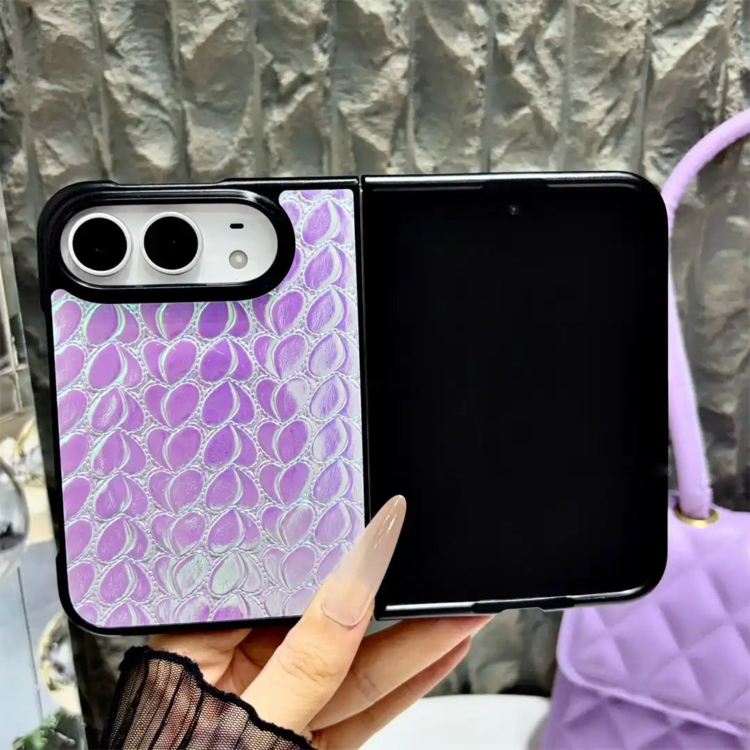 Open iPhone Duo in the purple Prism Scale Duo case with iridescent scale texture