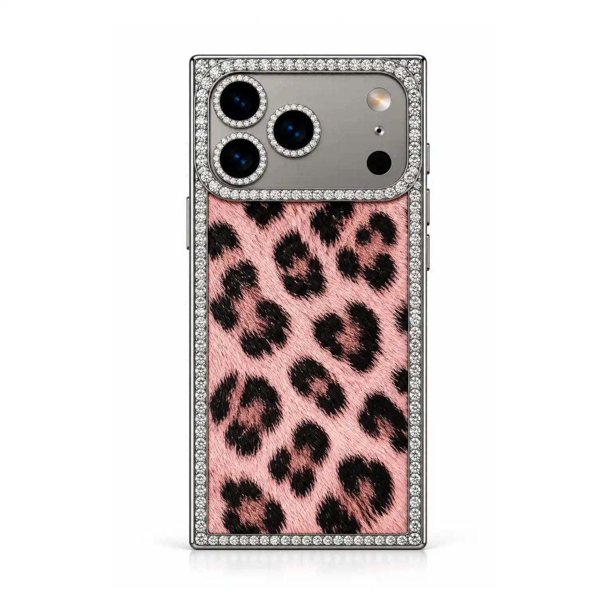 Pink Leopard Chrome Spark rectangle iPhone case with rhinestone border and reflective camera panel