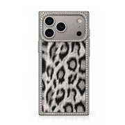 Gray Leopard Chrome Spark rectangle iPhone case with rhinestone border and reflective camera panel