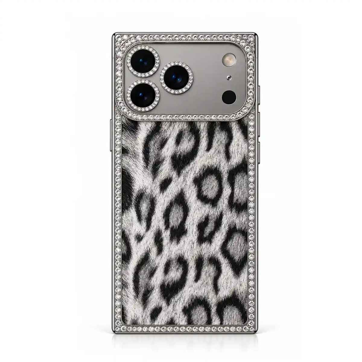 Gray Leopard Chrome Spark rectangle iPhone case with rhinestone border and reflective camera panel