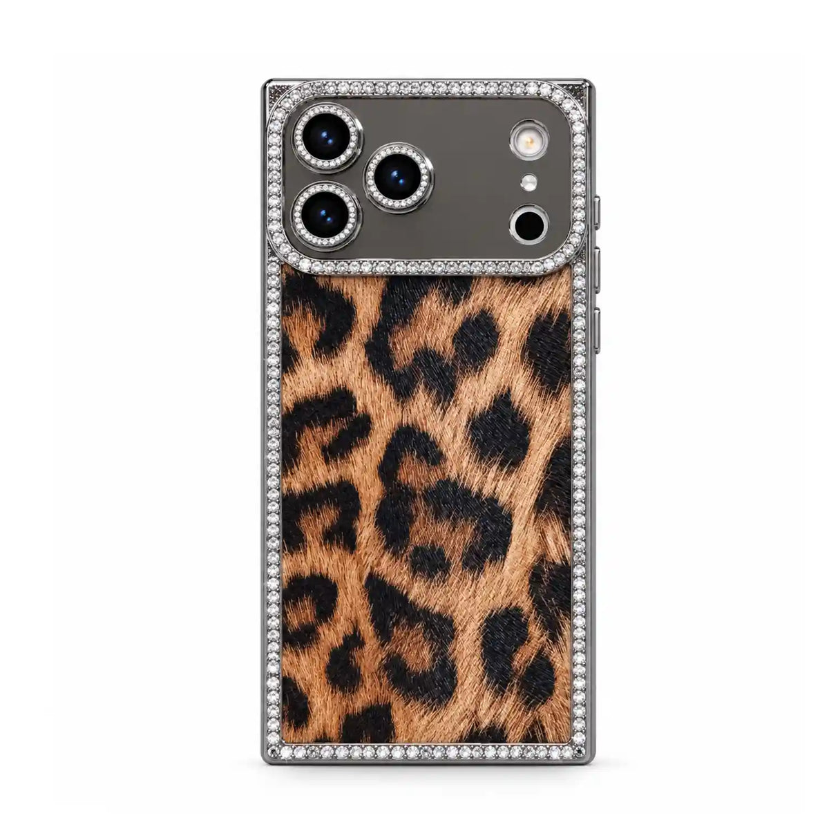 Brown Leopard Chrome Spark rectangle iPhone case with rhinestone border and reflective camera panel
