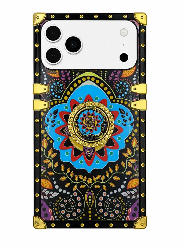 A protective phone case with a black background and an intricate, colorful mandala pattern. The design features a large central blue and gold medallion surrounded by red, purple, and yellow floral motifs.