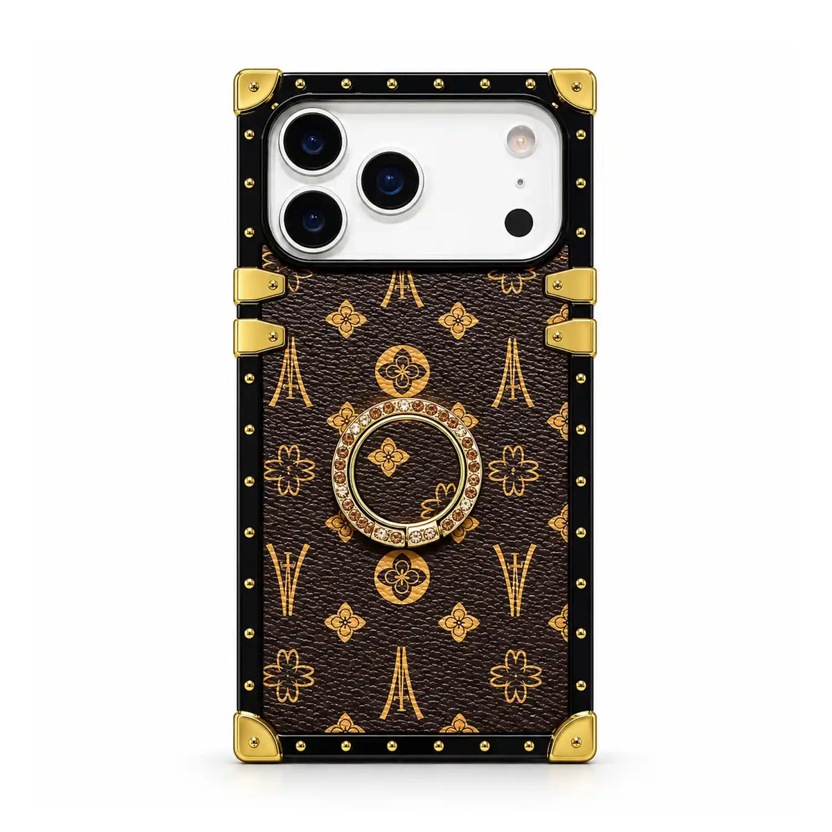 Brown Paris Monogram Trunk iPhone case with gold-tone ring holder, black frame and corner accents