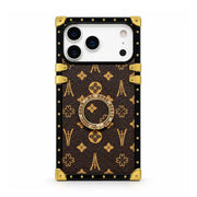 Brown Paris Monogram Trunk iPhone case with gold-tone ring holder, black frame and corner accents