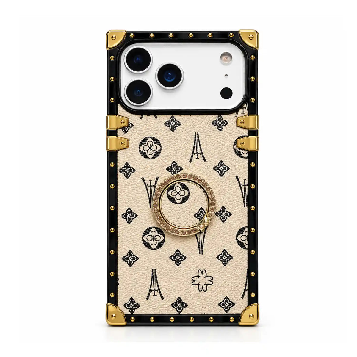 Beige Paris Monogram Trunk iPhone case with gold-tone ring holder and black monogram pattern