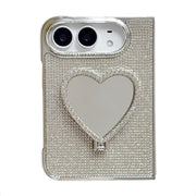 Beige Crystal Heart Duo iPhone Duo case with rhinestone-covered back and heart-shaped mirror stand