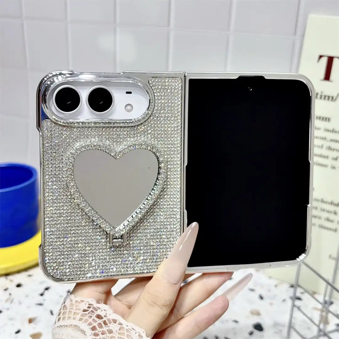 Open iPhone Duo in the beige Crystal Heart Duo case with rhinestone back and heart-shaped mirror