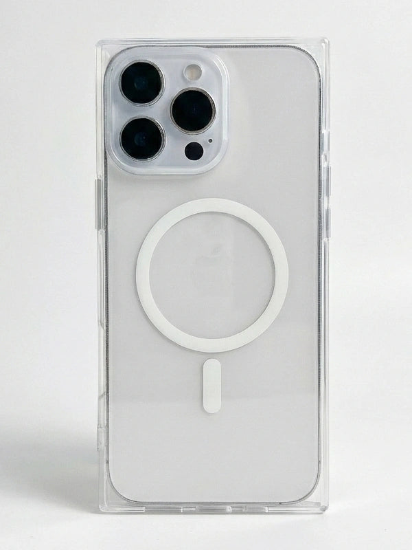 A clear MagSafe-compatible phone case shown on a white smartphone, featuring a white circular magnetic ring and a small white vertical tab on the back, set against a plain light gray background.
