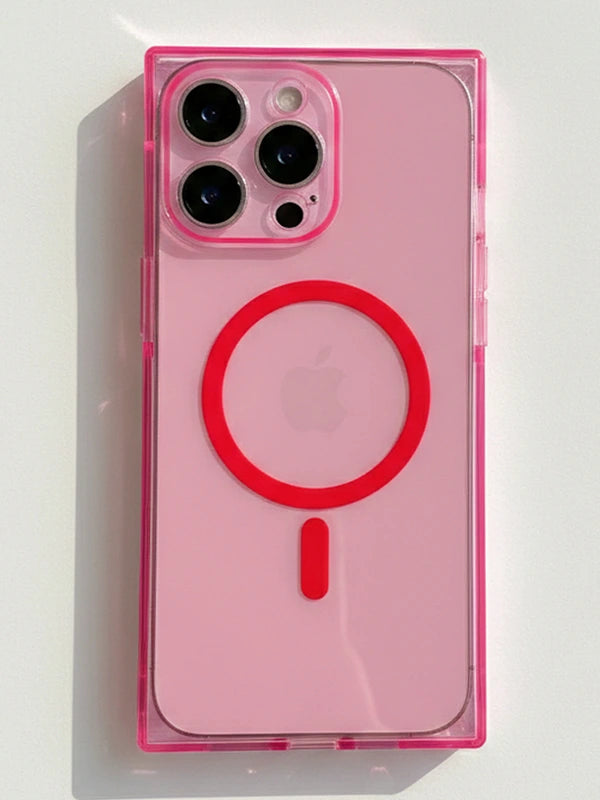 A pink protective phone case with a bright red MagSafe ring and a matching red vertical accent, shown on a light-colored surface.