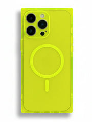 A bright neon yellow-green protective phone case with a MagSafe-compatible circular ring design, shown on a white background.