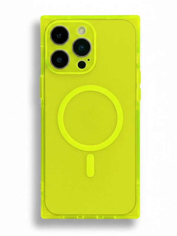 A bright neon yellow-green protective phone case with a MagSafe-compatible circular ring design, shown on a white background.
