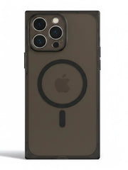 A dark brown translucent protective phone case with a black MagSafe ring, shown on an iPhone against a white background.