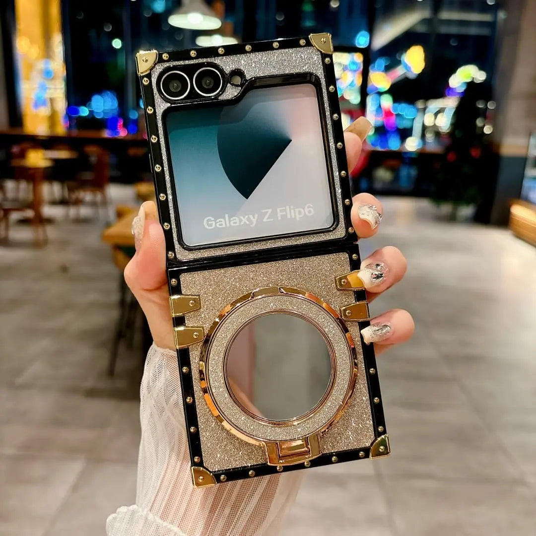 Glitter Samsung Z Flip Phone Case with Mirror Stand Compatible