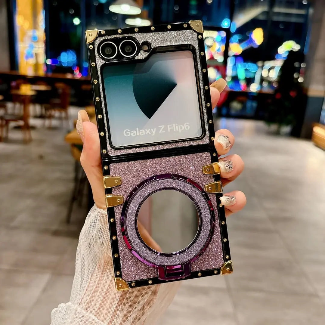 ★DESIGN SKIN★ Galaxy Z Flip 6 Ring Grip Pocket Case Glitte Glitter Samsung Z Flip Phone Case with Mirror Stand