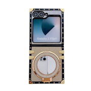 A luxury-style protective case for a Samsung Galaxy Z Flip 6 fold smartphone, shown open against a solid white background. The case features a black textured outer frame with gold-tone rivets and corner protectors, a glittery gold inner panel, and a rose gold metallic circular kickstand/mirror in the center.