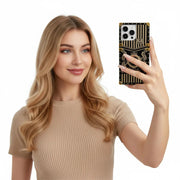 a woman is holding a phone in square iPhone case
