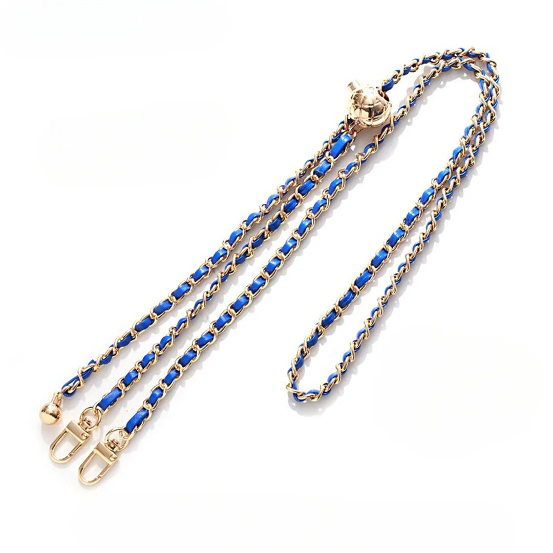 Gold chain with blue strap on a white background