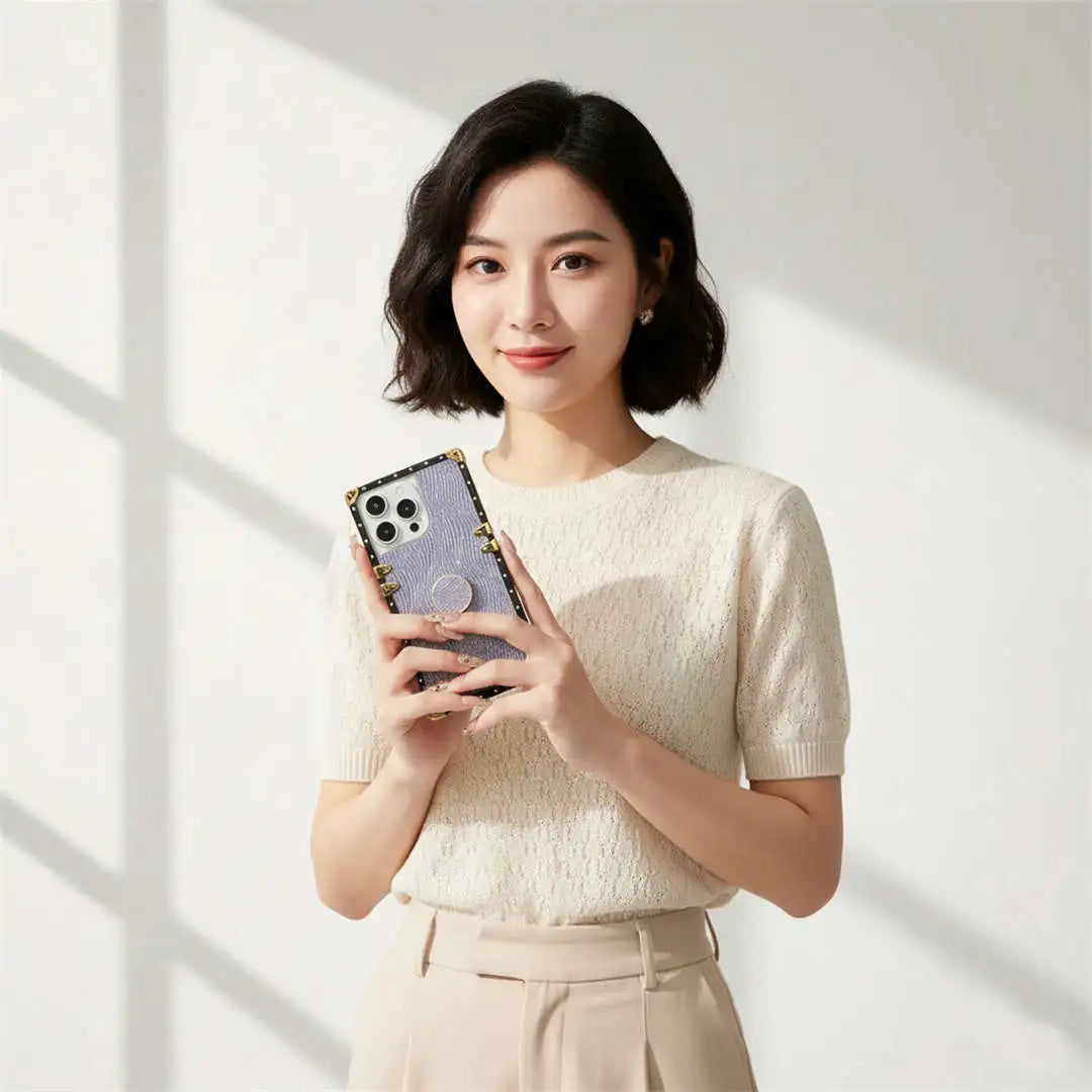 Woman holding a smartphone with a light background