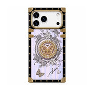 Purple Aurora Butterfly Trunk iPhone case with gold-tone butterfly ring stand and black rectangular frame