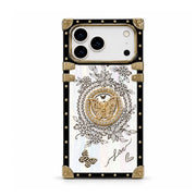 White Aurora Butterfly Trunk iPhone case with gold-tone butterfly ring stand and black rectangular frame