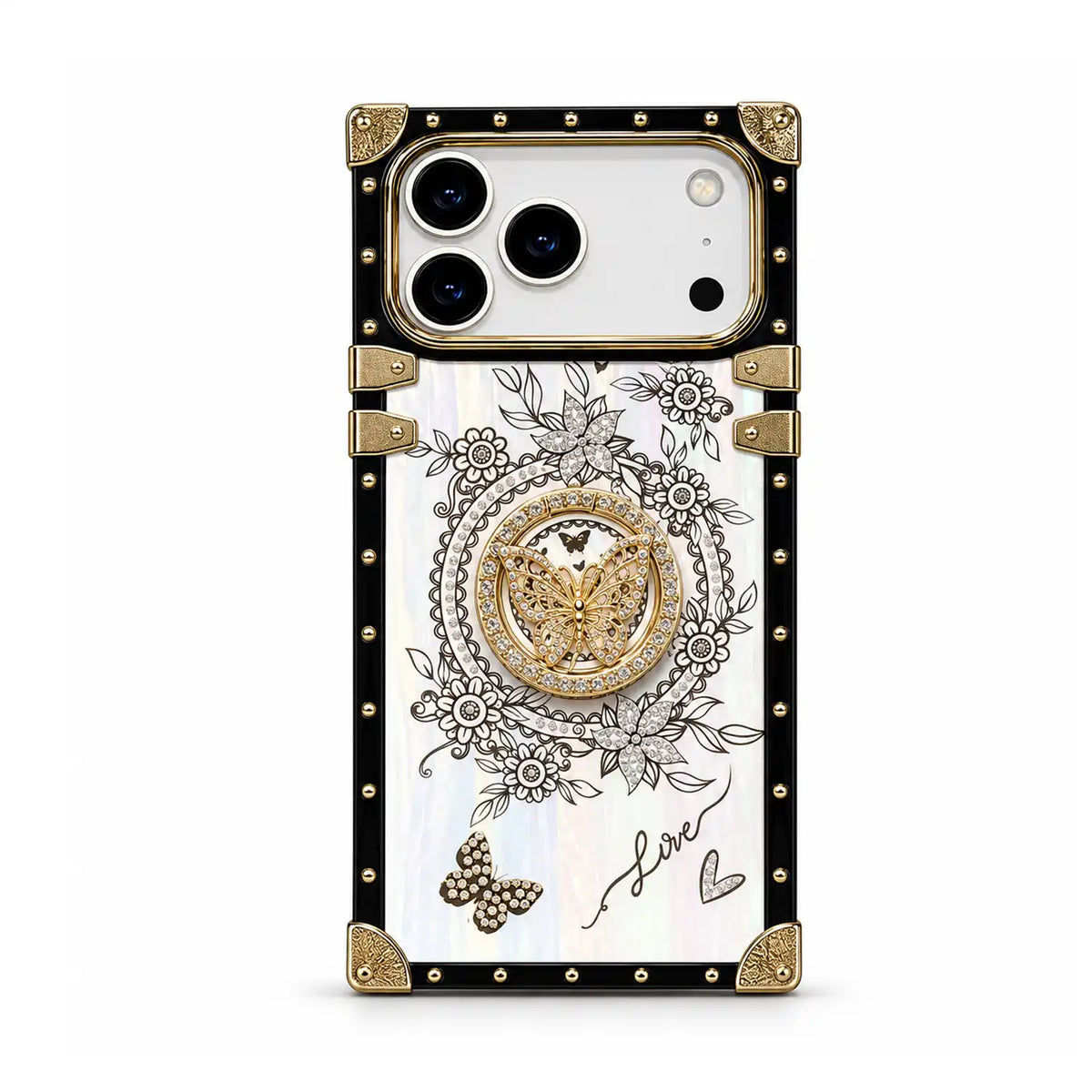 White Aurora Butterfly Trunk iPhone case with gold-tone butterfly ring stand and black rectangular frame