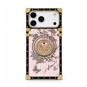 Pink Aurora Butterfly Trunk iPhone case with gold-tone butterfly ring stand and black rectangular frame