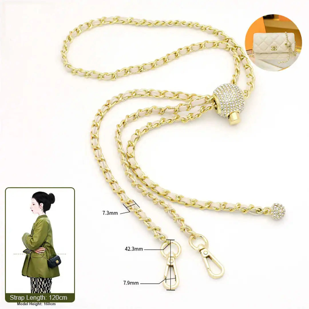 crossbody gold chain with beige leather 120cm on a white background