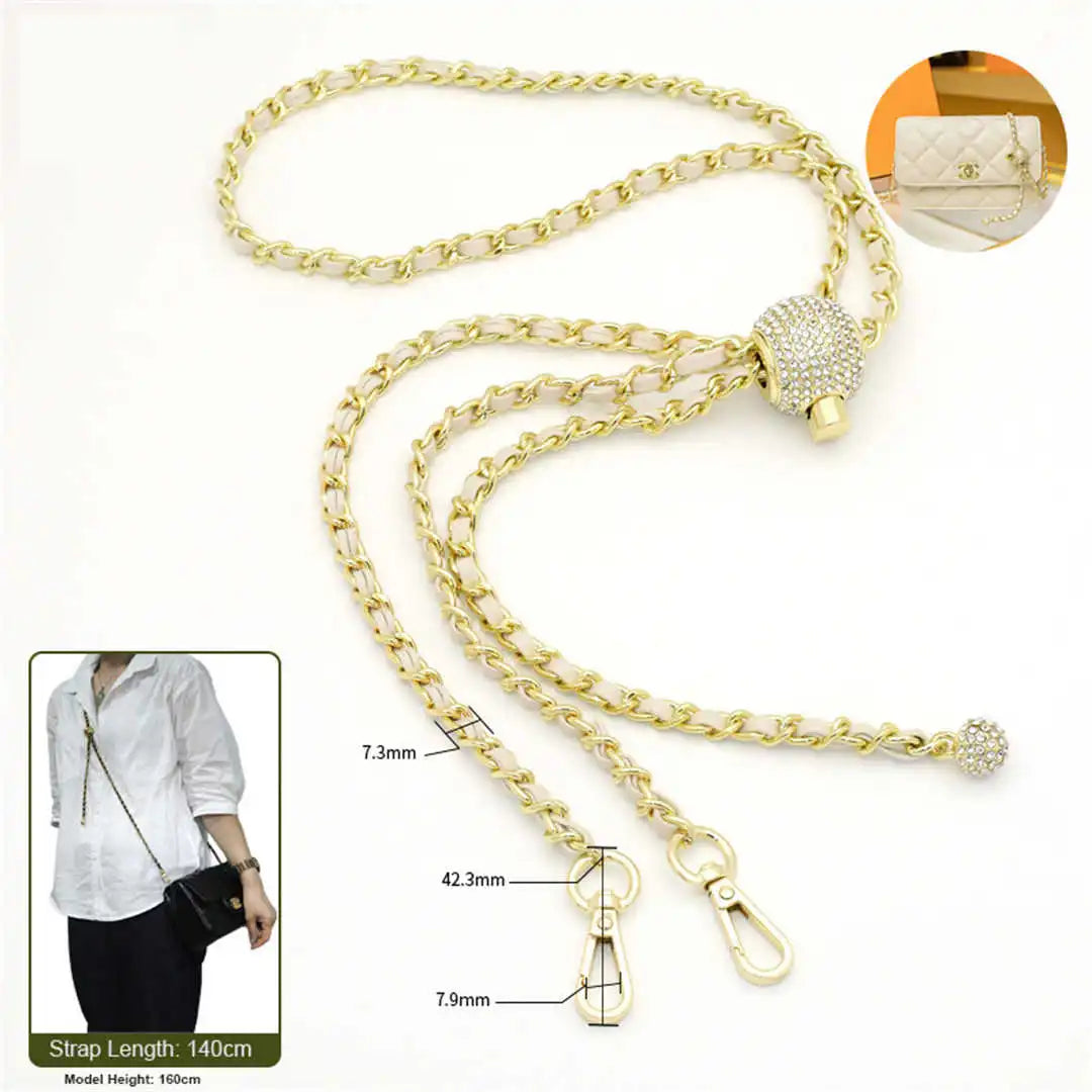 crossbody gold chain with beige leather 140cm on a white background