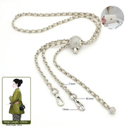 crossbody silver chain with beige leather 120cm on a white background