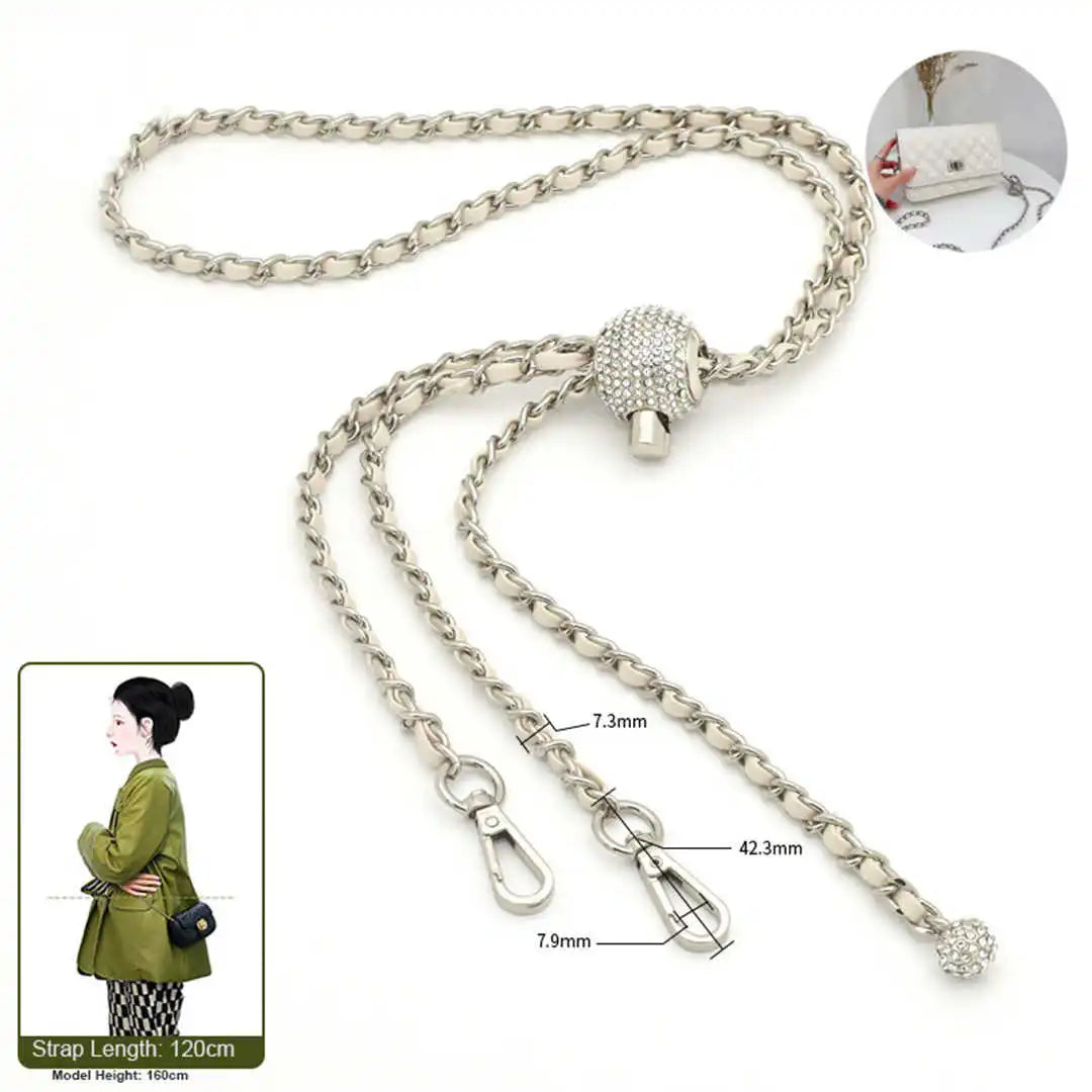 crossbody silver chain with beige leather 120cm on a white background