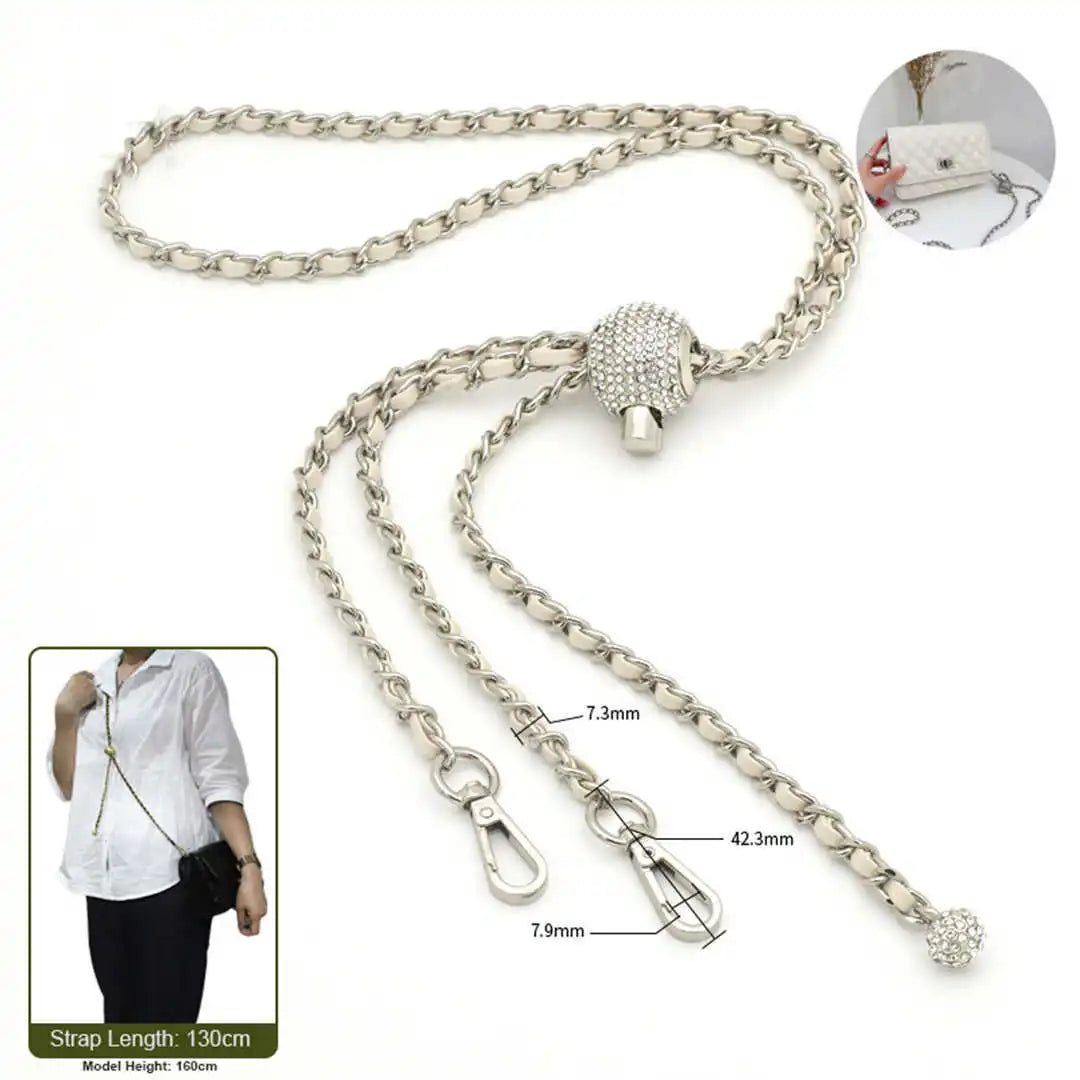 crossbody silver chain with beige leather 130cm on a white background