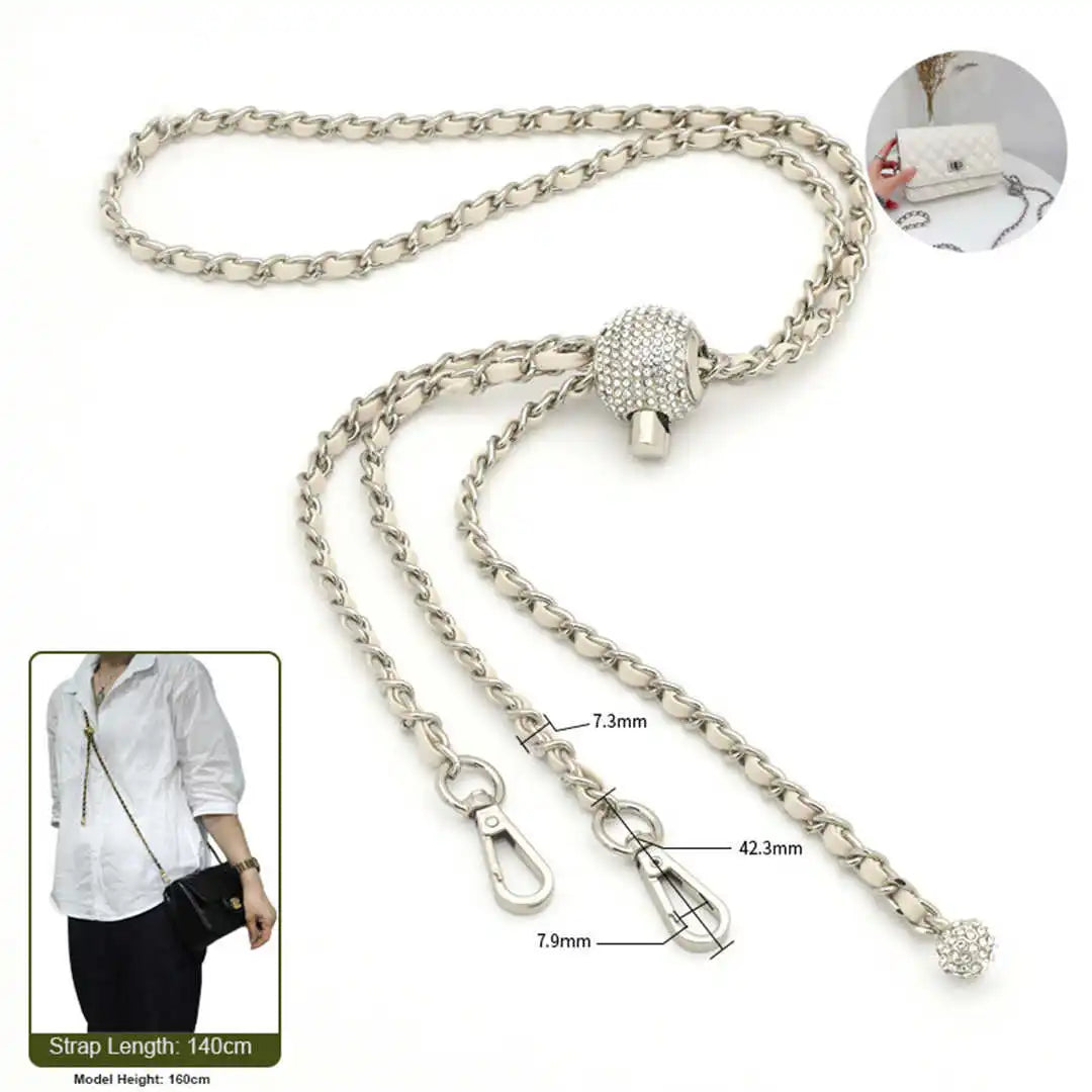 crossbody silver chain with beige leather 140cm on a white background