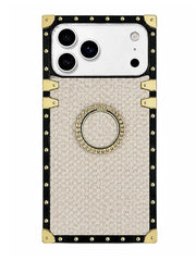 A luxury-style phone case featuring a beige woven leather texture, a central circular ring stand embellished with rhinestones, and a black border with gold-tone studs and corner protectors.