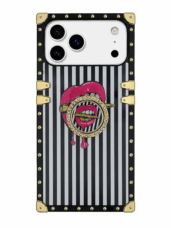 A protective phone case with a black and white vertical stripe pattern, gold-tone rivets, corner bumpers, and a central graphic of dripping pink lips holding a gold toothpick with the word 'FASHION' written inside.