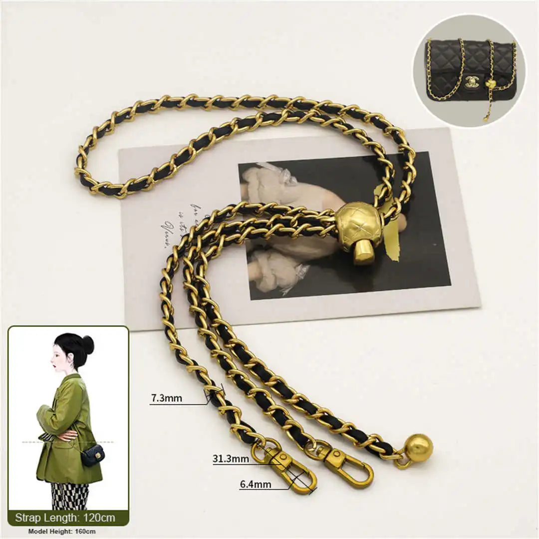 crossbody bronze chain with black leather 120cm on a white background