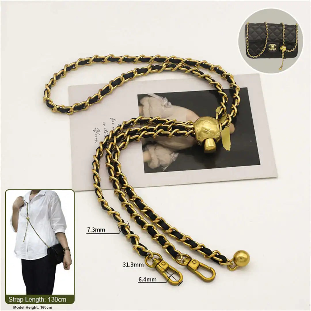 crossbody bronze chain with black leather 130cm on a white background