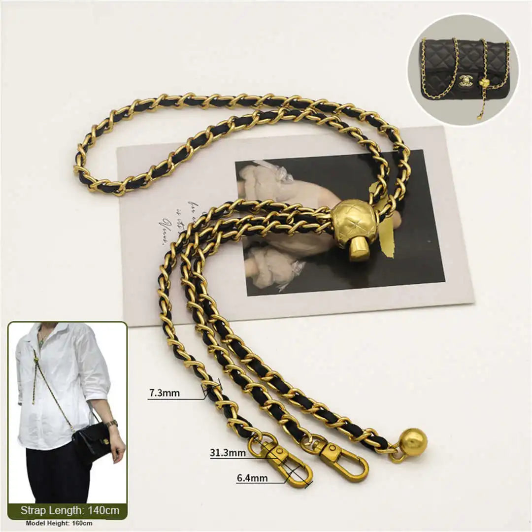 crossbody bronze chain with black leather 140cm on a white background